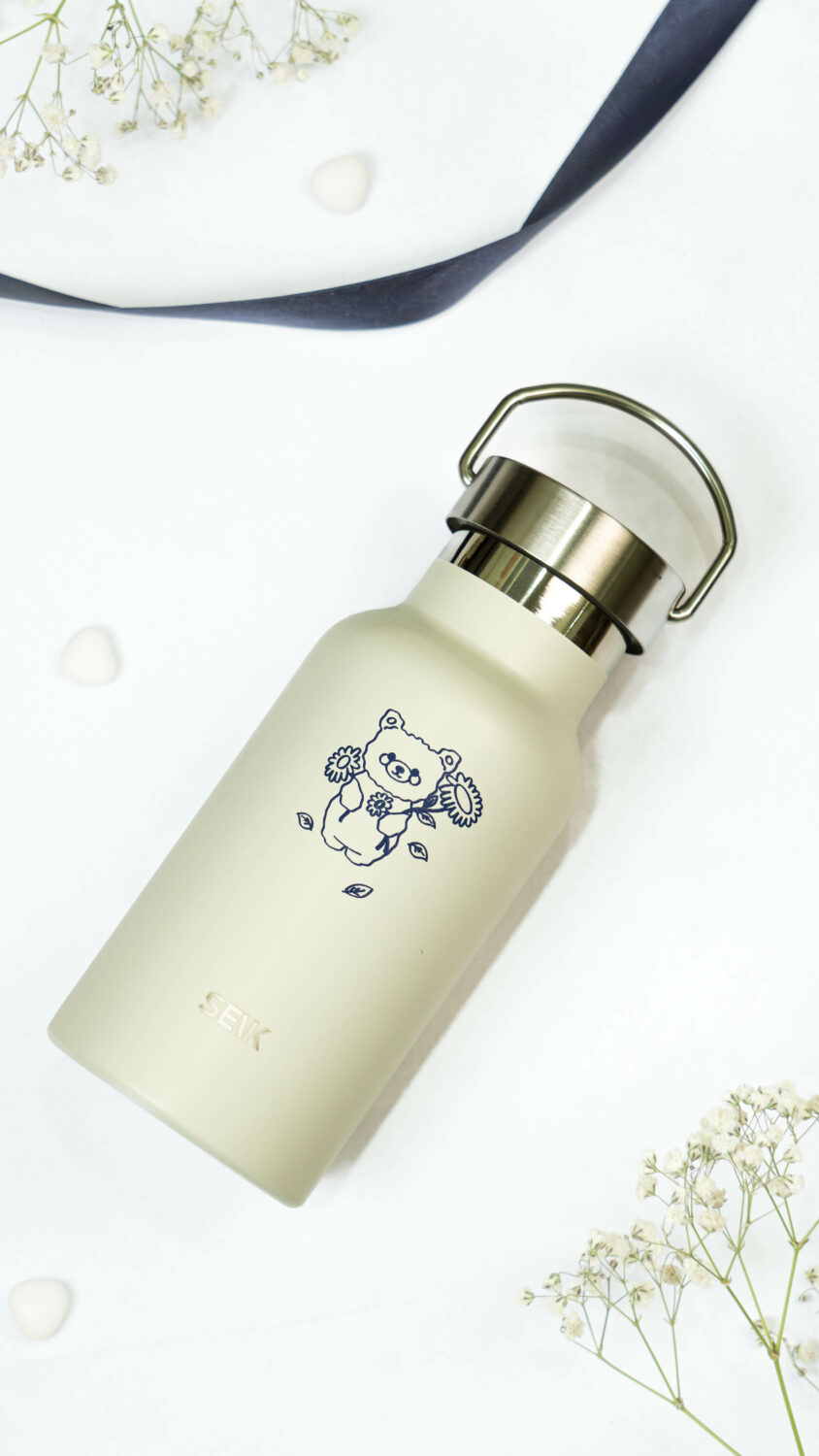 Water Bottle / Thermos – Bear Design – Beige 350ml Stainless Steel – Image 3